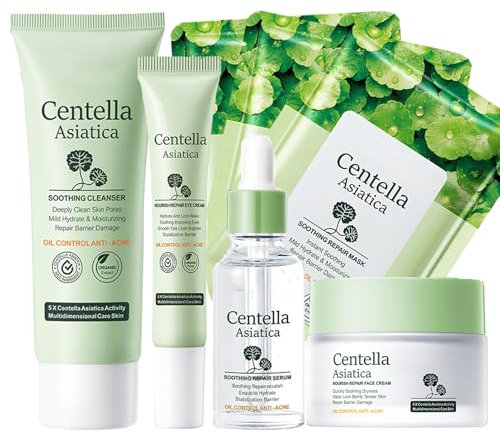 Teenager Mädchen Gesichtspflege Set für Sanfte Reinigung und Pflege, Feuchtigkeit Skincare Set, Hautpflege Set Frauen, Centella Asiatica Skin Care Set mit Cleanser Serum Augencreme Gesichtsmaske
