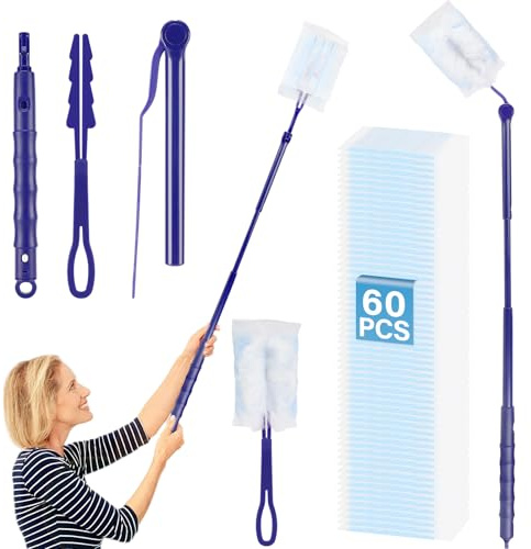 Kasanni 60 Pezzi Ricariche per Spolverino, Panni Catturapolvere Ricambi Kit con 1 Manico e 1 Manici Telescopici, Piumini Ricambi Kit, per Intrappolare Sporco, Polvere, per Scuola, Ufficio, Casa