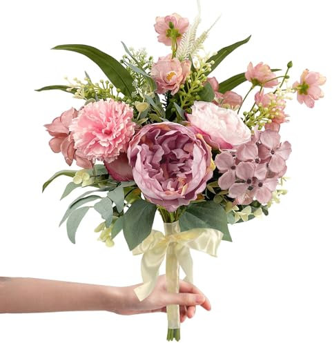 Daily Treasures Pink Artificial Flower Bouquet - Fake Hydrangea Peonies Chrysanthemum Floral Arrangement with White Ribbon for Wedding,Home & Table Centerpieces Decor(45cm Pre-Arranged Silk Flowers)