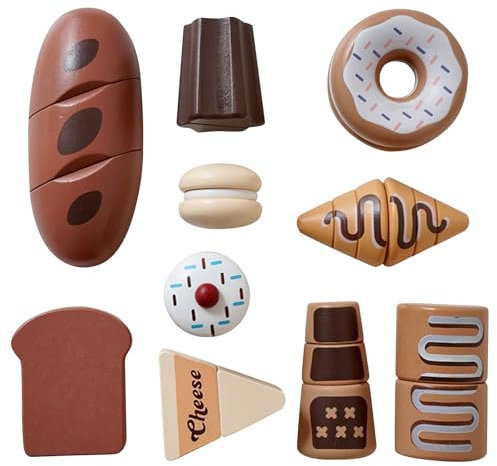 Spiellebensmittel aus Holz, Bäckereien, Spielzeugsets, Küchen-Anziehspielzeug, Lebensmittelzubehör, Spielset, Geburtstagsgeschenk für Jungen und Mädchen, Lernspielzeug, Frühlernhilfe, Küchenspiele
