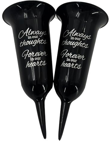 Angraves Set of 2 Black and Silver Always in Our Thoughts Forever in Our Hearts Fluted Spiked Memorial Grave Flower Holder Vases Pots Containers