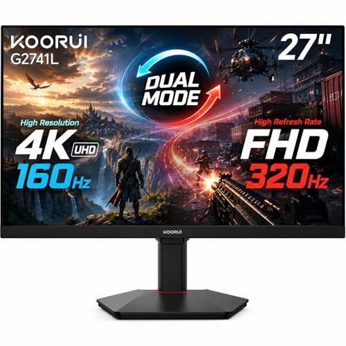 KOORUI 27 4K Gaming Monitor - Dual Mode UHD 160Hz or FHD 320Hz, Fast IPS 1ms, FreeSync Premium & G-SYNC Compatible, HDMI 2.1/DP 1.4, HDR400, Height/Pivot/Tilt Adjustable, PC & Console Ready, G2741L