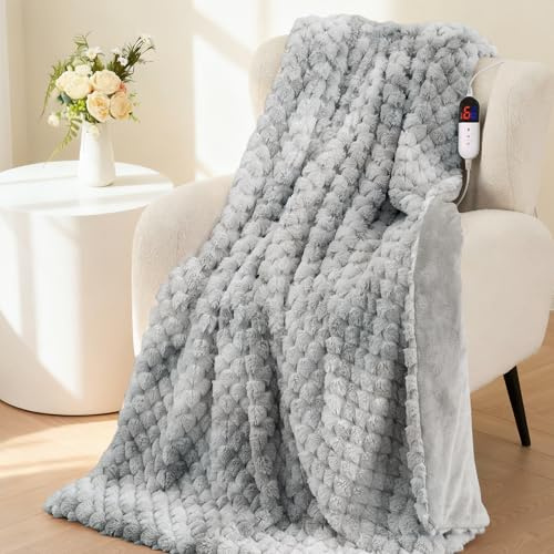 Elektrisk Värmefilt 130x180 cm, 3D Blomster-Jacquard av Kaninpäls & Flanell, 6 Värmenivåer & 1-10T Auto-Av, Maskintvättbar Värmefilt för Säng, Sofa, Kontor (Blå)
