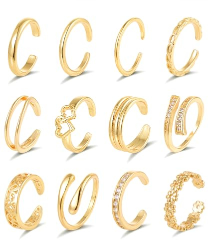 Wrlcorly 12Pcs 14K Gold Filled Toe Rings for Women Simple Open Band Toe Ring Hawaiian Summer Beach Daisy Flower CZ Snake Love Knot Thin Foot Jewelry Set Gold Silver Tone Adjustable