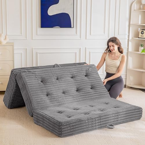 MAXYOYO Folding Sofa Couch Bed, 6 Inch Tri-Fold Floor Sofa Bed, Folding Mattress with Handles, Soft Faux Fur Folding Bed with Supportive Foam Filling, Portable Couch for Living Room, Queen, Grey