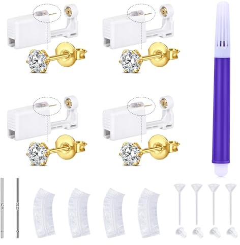LAURITAMI Pistola Orecchini Usa e Getta,4 Pezzi Set Unisex per Forare i lobi delle Orecchie con Strumenti, Pistola Piercing Set per Piercing da Usare a Casa con Orecchini a Bottone CZ da 4mm