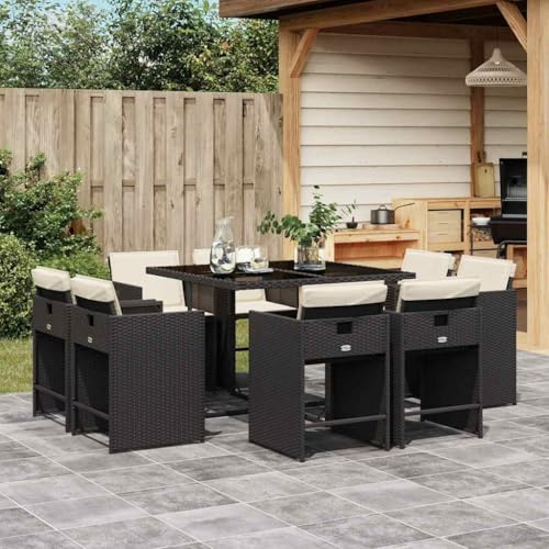 Mimdixy Muebles de patio Conjunto de muebles de jardín, 9 TLG. Juego de comedor de jardín con cojín de ratán de poli negro, grupo de asientos para jardín, balcón, embalaje compacto y fácil montaje