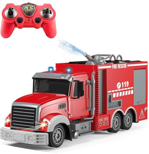 Khcnum Remote Control Fire Truck, RC Fire Truck Toy, Rechargeable Construction Truck Toys with Alarm Lights, Hose, Working Water Pump and Rotating Rescue Ladder Fire Truck Toys Gift for Kids