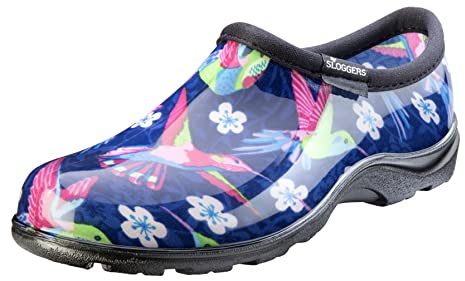 Sloggers Original Waterproof Rain and Garden Shoe for Women– Outdoor Slip-On Garden Clog - Made in The USA with Premium Comfort Insole and Arch Support - Blue/Pink Hummingbird Print, Size 10
