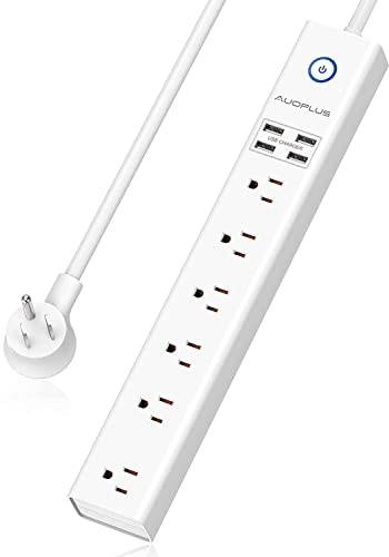Power Strip 10Ft - Surge Protector with USB, AUOPLUS 6 Outlet and 4 USB Charger, 10Ft Long Extension Cord Flat Plug(1250W/10A/2100J), Wall Mountable Overload Protection for Computer Home Office Dorm