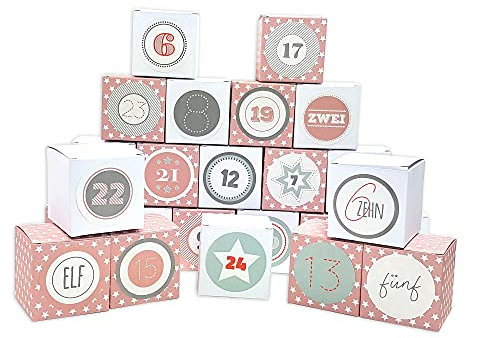 Frau WUNDERVoll® DIY Adventskalender Vorfreude zum Befüllen, 24 Faltschachteln rosa weiße Sterne/weiß 7x7x7cm(gefaltet),XL Ziffern pastell/Weihnachten, Würfelbox, Faltverpackung, Schachteln