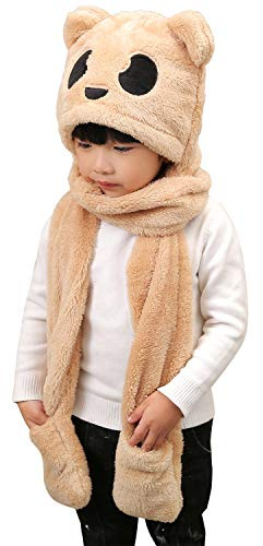 Kids Hat Scarf Gloves Set Boys Girls 3-in-1 Cute Panda Winter Warm Plush Faux Fur Head Trapper Hooded Neck Warmer Windproof Earmuffs Snood Gloves Mittens Earflap Hat Long Scarf for Age 5-9 Children