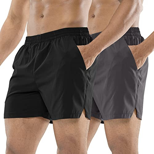 MIER Herren Workout Laufshorts Leichte Active 5 Zoll Shorts mit Taschen, schnell trocknend, atmungsaktiv, Y: Schwarz/Grau ohne Reißverschluss, Mittel