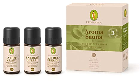 PRIMAVERA Set Aroma Sauna Frische & Energie bio 3 x 10 ml – Atemkraft, Energiequelle, Zitrusfreude – Saunaöl, Aromatherapie, Geschenk – vegan
