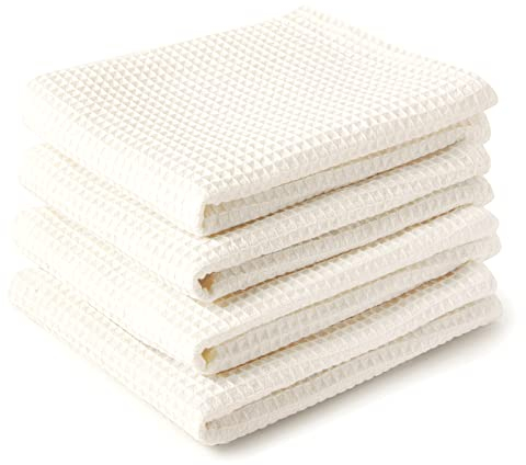 Encasa XO Kitchen Dish Towels Set | Solid Off White | Waffle Weave and Flat Hand Tea Towel | 70x45 cm | Quick Drying Reusable Cotton Washcloths | Multipurpose Lightweight Dishcloths Set of 4