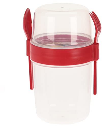 Yoghurt Cups Pot with Lid, Spoon & Fork Breakfast Cereal Overnight Oats Container Reusable Jar On The Go Granola Porridge Muesli Salad Fruit Cup Travel Snack Bowl Dishwasher Safe , 1100ml (Red)