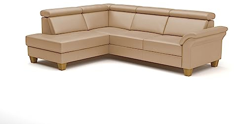 CAVADORE Ammerland Canapé d'angle en Cuir avec Ottoman/Canapé Maison de Campagne avec Ressorts + tête de lit réglable / 245 x 84 x 194 cm/Cuir Beige