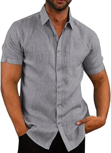 Friptspyg Mens Shirts Short Sleeve Linen Button Down Beach Causual Shirts for Men with Pocket, Dark Grey M