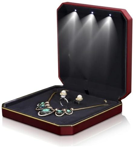 HSLFUAI Necklace Box with Led,Jewelry Box for Necklace, Large Necklace Box,Jewelry Gift Box for Wedding, Birthday, Valentine' Day, Mother'S Day, Christmas,Black Velvet Interior Necklace Organizer