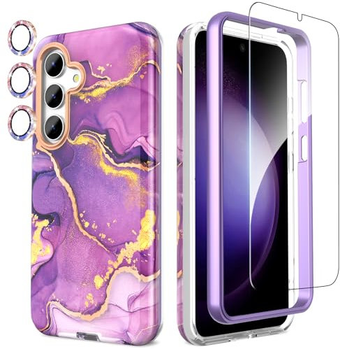SHEDEER 4-in-1 Samsung S24 Plus Case with Screen Protector + Bumper & Camera Protector | Military-Grade Shockproof 360° Protection, Galaxy S24 Plus Case Glossy Fade-Resistant Pattern Design (Purple)