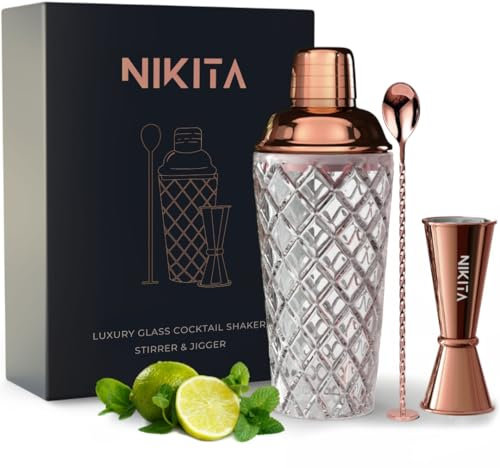 Glass Cocktail Shaker Set - 5 Piece - Rose Gold Martini Shaker Set with Strainer, Jigger, Spoon & Muddler - 450ml Drink Shakers Cocktail for Home Bar & Drink Trolley Décor