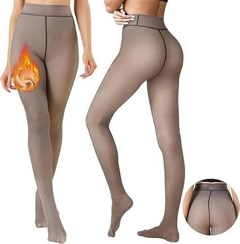 Joligiao termostrumpbyxor för kvinnor fleece vinterstrumpbyxor falska genomskinliga termostrumpbyxor strumpbyxor hög midja värmande fleece strumpbyxor, Kaffe sheer – hudfleece, S-M
