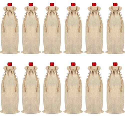 Bhina 12 Stück 15 x 35 cm Jute Weinbeutel Weintasche mit Kordelzug Sackleinen Weinflaschen Geschenktüten Weinflaschen Verpackung für Wein, Champagner, Party, Hochzeit, Weihnachtsgeschenke (Braun)