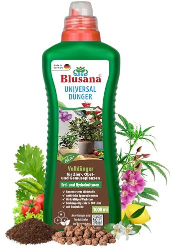 Blusana Premium Universal Flüssigdünger NPK Dünger 6-3-6 für Zierpflanzen Obst- und Gemüse Hydrokultur Erde Hydroponik mineralischer Volldünger (1 Liter - 1 Flasche)
