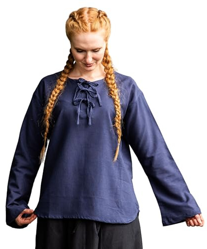Leonardo Carbone® Damblus Tilda | snörning fram | medeltida design | karneval, halloween, cosplay, LARP, tunika, skjorta, topp, kostym | 100 % bomull, blå, M
