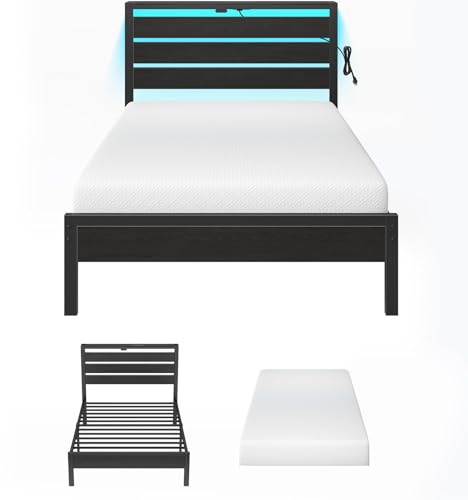 Rolanstar Twin Bed Frame with 6 Inch Gel Memory Foam Mattress, LED Metal Platform Bed with USB Charging & Storage Headboard, Black, CertiPUR-US Certified Mattress