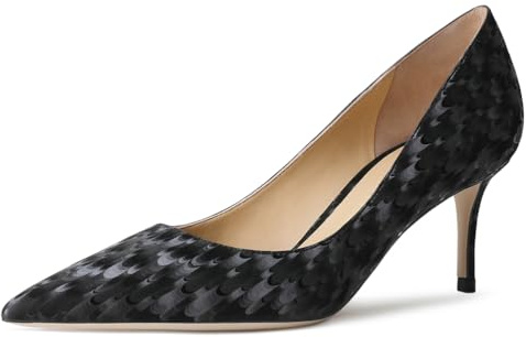 Qynthra Tacones De Vestir Mujer Tacón Kitten Punta Fina Pumps para Oficina Y Boda Piel Charol Texturizada Almohadilla Confort Talla,Black (Heel 6cm),38 EU