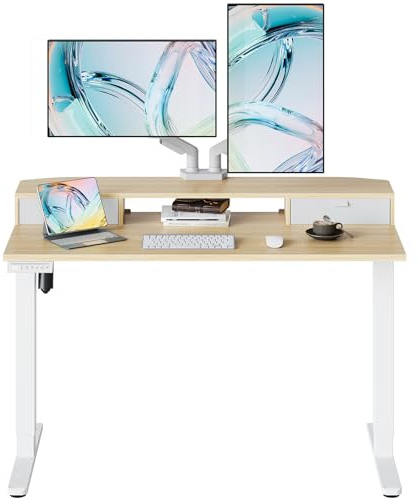 HUANUO Höj- och sänkbart skrivbord 120x60 cm med lådor, kompatibel C-klämmontering, skrivbord med 4 minnesinställningar för höjdjustering