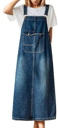 Générique Robe Salopette en Jean pour Femme - Robe d'été Ample et réglable - Élégante - Longue Robe Vintage - sans Manches - en Denim - avec Poches - Confortable - Coupe Ample - Robe de Loisirs