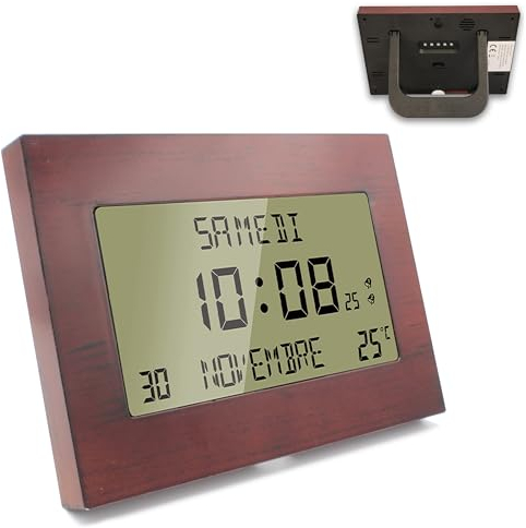 Fishtec Horloge Réveil Numérique Murale Radiopilotée - Calendrier Date Jour et Heure - Grands Chiffres - 8 Langues - Température Ambiante - Accroche Murale ou sur Pied - 23 x 16 CM - Motif Bois