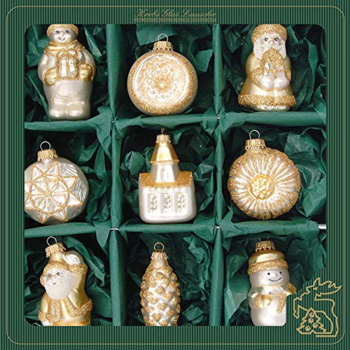 Krebs Glas Lauscha - Weihnachtsdekoration/Christbaumschmuck aus Glas - Gemischte Formen & Figuren - Farbe: Gold - Menge: 9 Stück - Größe: ca. 6-8 cm