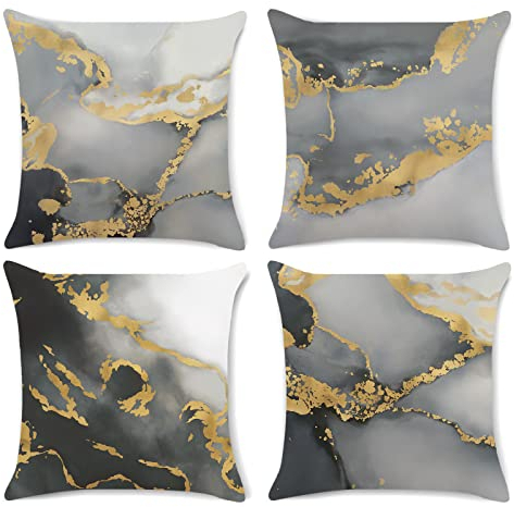 Bonhause 4er Set Kissenbezüge Marmor Grau 45 x 45 cm Doppelseitig Schwarz Gold Abstrakte Kunst Samt Soft Dekorative Kissenhülle Zierkissenbezüge für Sofa Schlafzimmer Wohnzimmer Zuhause Dekoration