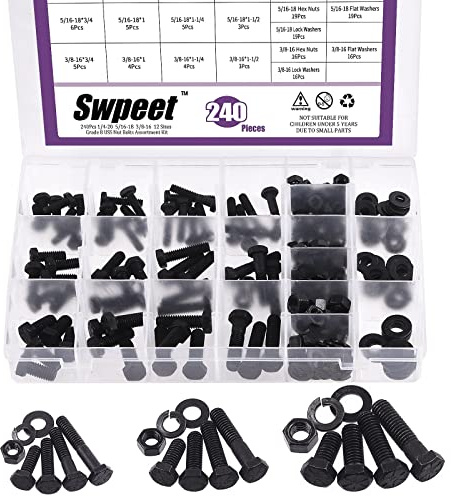 Swpeet 240 st 1/4-20 5/16-18 3/8-16 12 storlekar svart zinkfinish kolstål klass 8 USS mutterbultar sortimentsats, slitstark bultmutter och bricka sortiment grov tråd sexkantshuvud skruvar bult