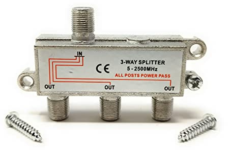 Maincore F-Type Screw Connector (3 Way) 1 Input to 2 Output Cable Splitter for TV, Satellite, Antenna Outlets Coaxial 5-2500MHz