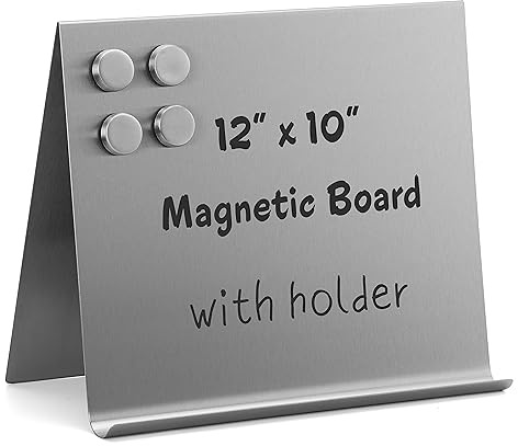 Large Magnetic Bulletin Board – Dry Erase Memo Board with Stand – Tabletop Metal Easel for Magnet Display – 12x10 Inches + 4 Magnets