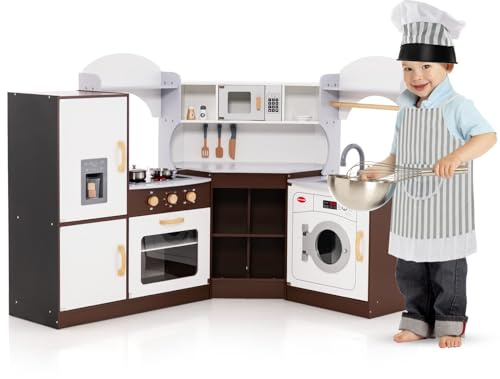GYMAX Kids Corner Kitchen, Wooden Toy Kitchen with Microwave, Washing Machine, Ice Maker, Cooking Accessories, Realistic Light & Sound, Large Play Kitchen for 3 Years Old + (Brown+White)