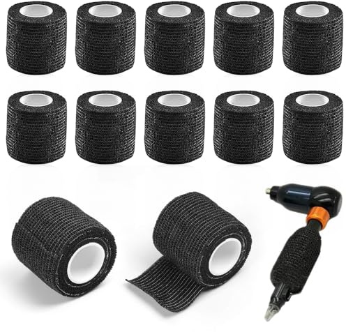 mizikuu 12 Piezas Cubierta de Agarre De Tatuaje, Cinta Tatuaje de Agarre de Tatuaje 5cm x 4,5m Vendaje Adhesivo Tubo de Agarre De Mango Para Accesorios De Agarre De Máquina De Tatuaje, Negro