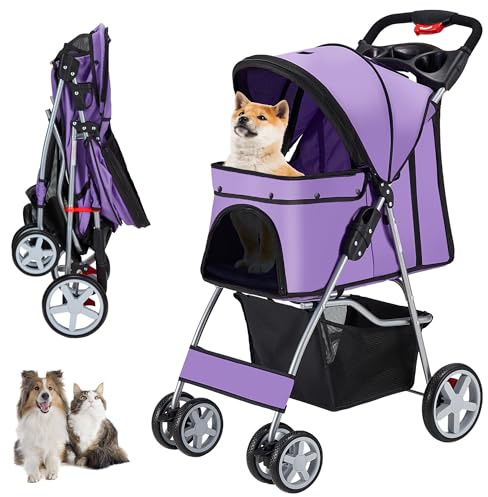 Unisakey 4 Wheels Pet Stroller for Small Medium Dogs Cats 10-33 lbs, Foldable Dog and Cat Stroller with Cup Holder & Storage Basket & Breathable Mesh, Pet Strolling Cart for All-Season, Purple