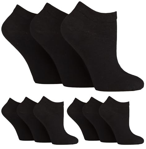 IOMI 9 Pair Multipack Ladies Diabetic Trainer Socks Loose Fitting Non Binding Ankle Socks (4-8, Black)