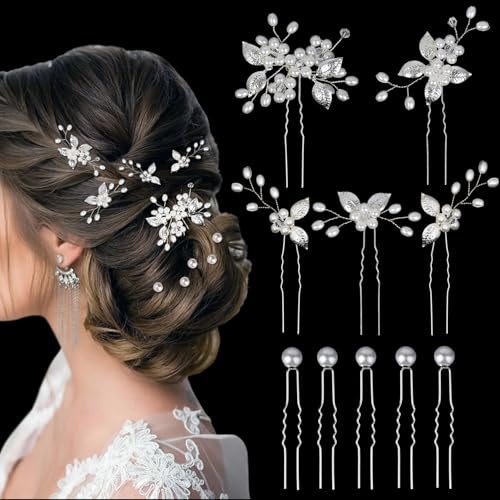 Lot de 10 épingles à cheveux argentées pour mariée avec perles et fleurs, en forme de U, pour mariées, demoiselles d'honneur, filles et femmes