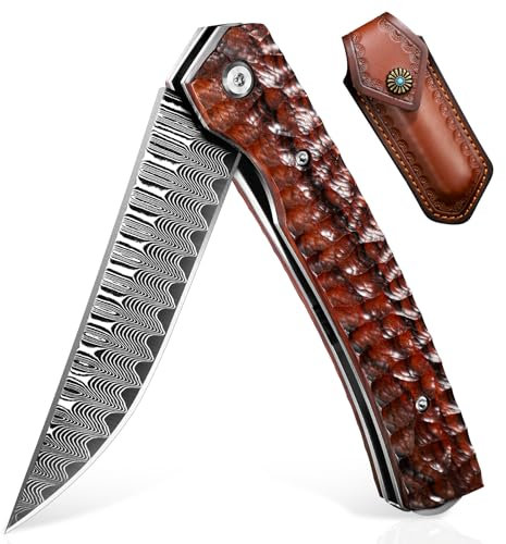 DRAGON RIOT Damast Taschenmesser, Hochwertig Klappmesser mit Leder Scheide Einhandmesser aus VG10 Edelstahl, Damastmesser für Wandern Bushcraft Camping Geschenke für Männer