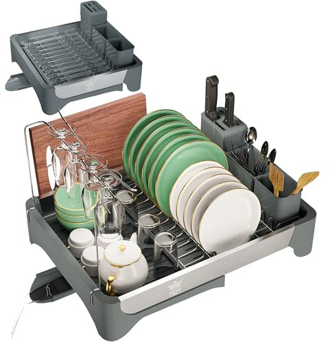 PRIME FEEL Expandable Dish Drainer Rack with drip tray, Stainless Steel Dish Drying Rack with Cutlery Holder, Glass & Cutting Board Holder, Foldable Draining Board Rack for Kitchen Countertop, Grey