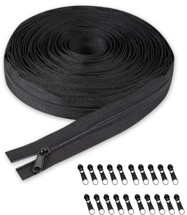 GIDWRIY Chiusura Zip Cerniera Lampo Lunga 10 M,Chiusura Lampo Nylon per Giubbotto,Cerniera Lampo Infinita con 20 Cursori,Cerniera Lampo per Borse,Chiusure lampo per Cucito per Biancheria-Nero