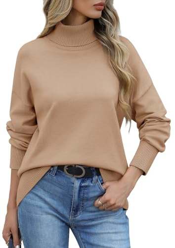 PASUDA Maglione Donna Invernale Dolcevita Maglioni Elegante Maglia Manica Lunga Pullover Casual Caldo Collo Alto Maglioncino Morbido Lavorato Base Tops Autunnale Inverno(Kaki,L)