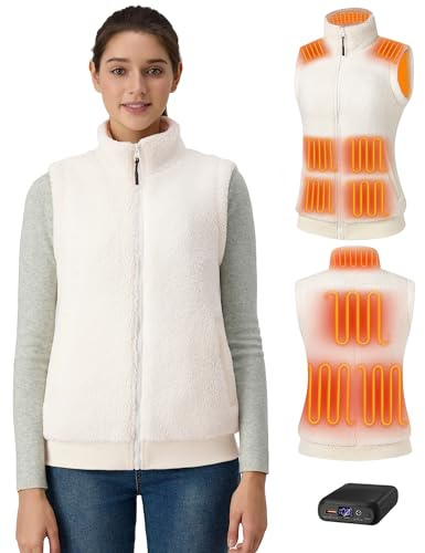Topdot Polaire Gilet Chauffant Femme Avec Batterie 16000 mAh Incluse,10 Zones de Veste Chauffante,Gilet Chauffant Electrique Avec 3 TempéRatures RéGlables Pour Le Travail En ExtéRieur,Ski,Beige,M