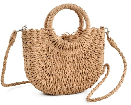 Ziyonix Bolso de Rafia para Mujer Estilo Boho, Bolso de Paja Tejido a Mano con Asa Superior y Correa Desmontable, Bolso de Mano Redondo para Playa, Vacaciones de Verano y Fiestas, Elegante y Ligero